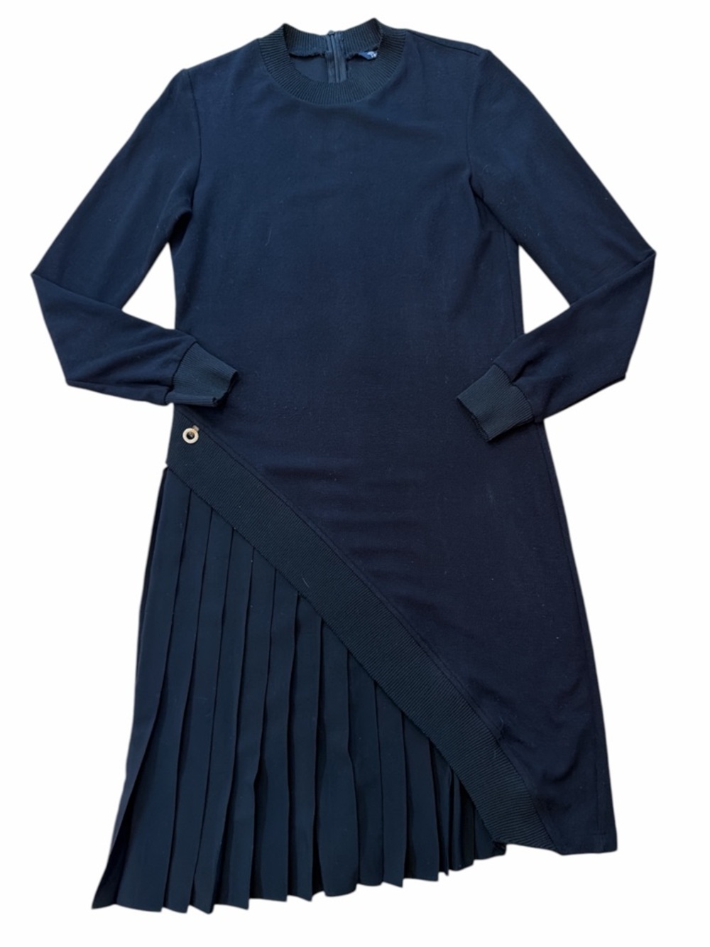 Ermanna Black Long Sleeve Pleated Hem Knit Dress